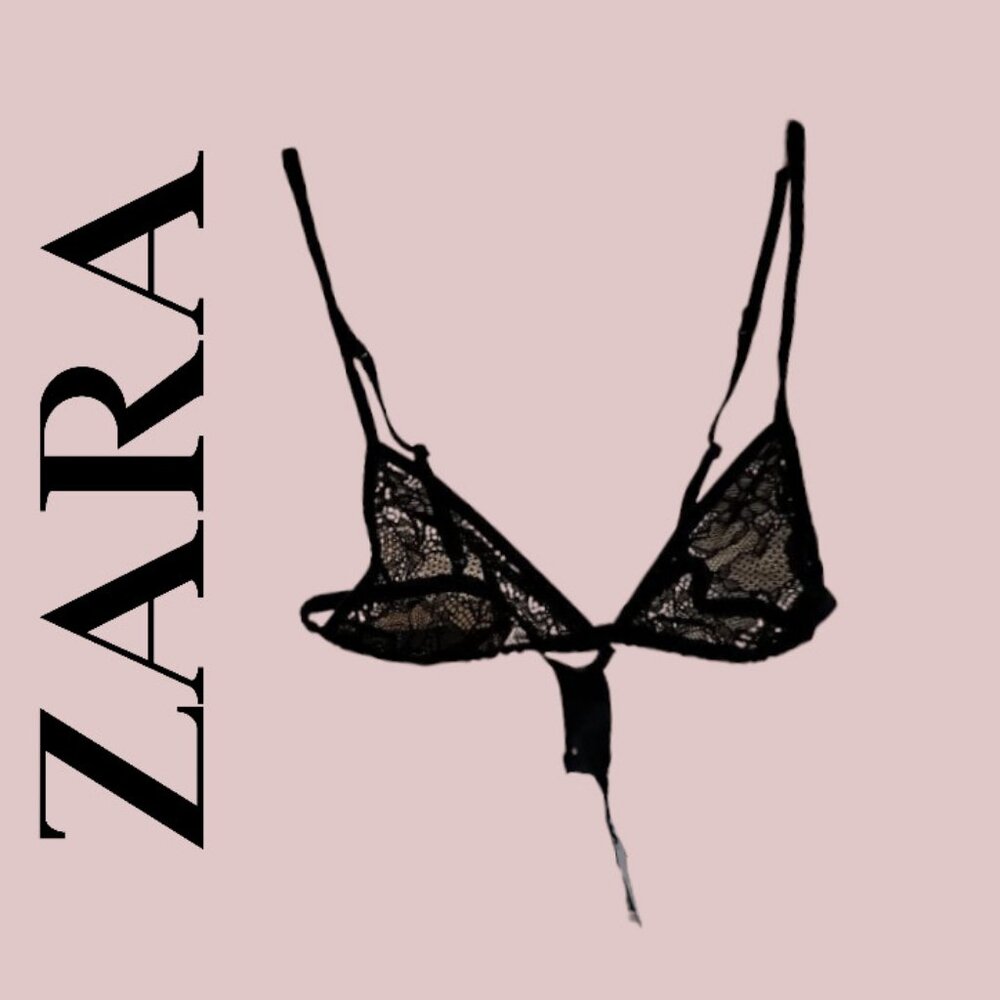 NWT Zara Black Satin Lace Triangle Bra Adjustable Straps Dainty Bra S